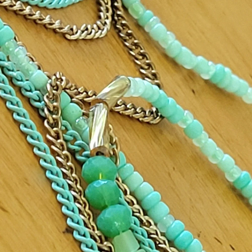 Vintage Mint Feather Necklace Multi Strand Boho Statement 31 Inch